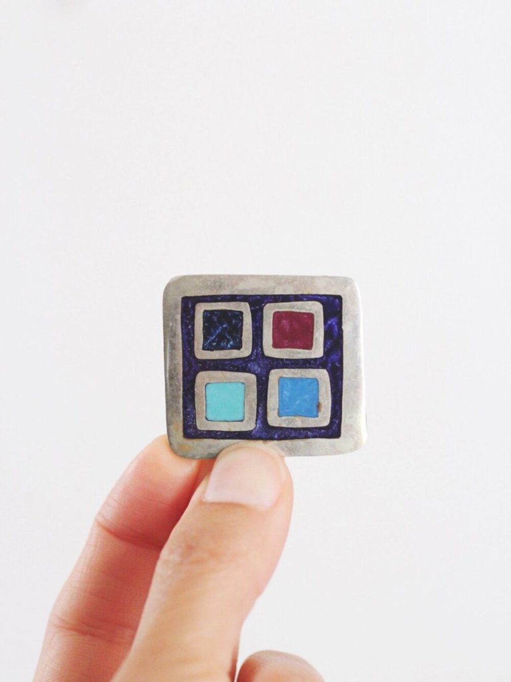 Vintage Modernist Geometric Enamel Inlay Mosaic Brooch Pin Pendant Alpaca Mexico